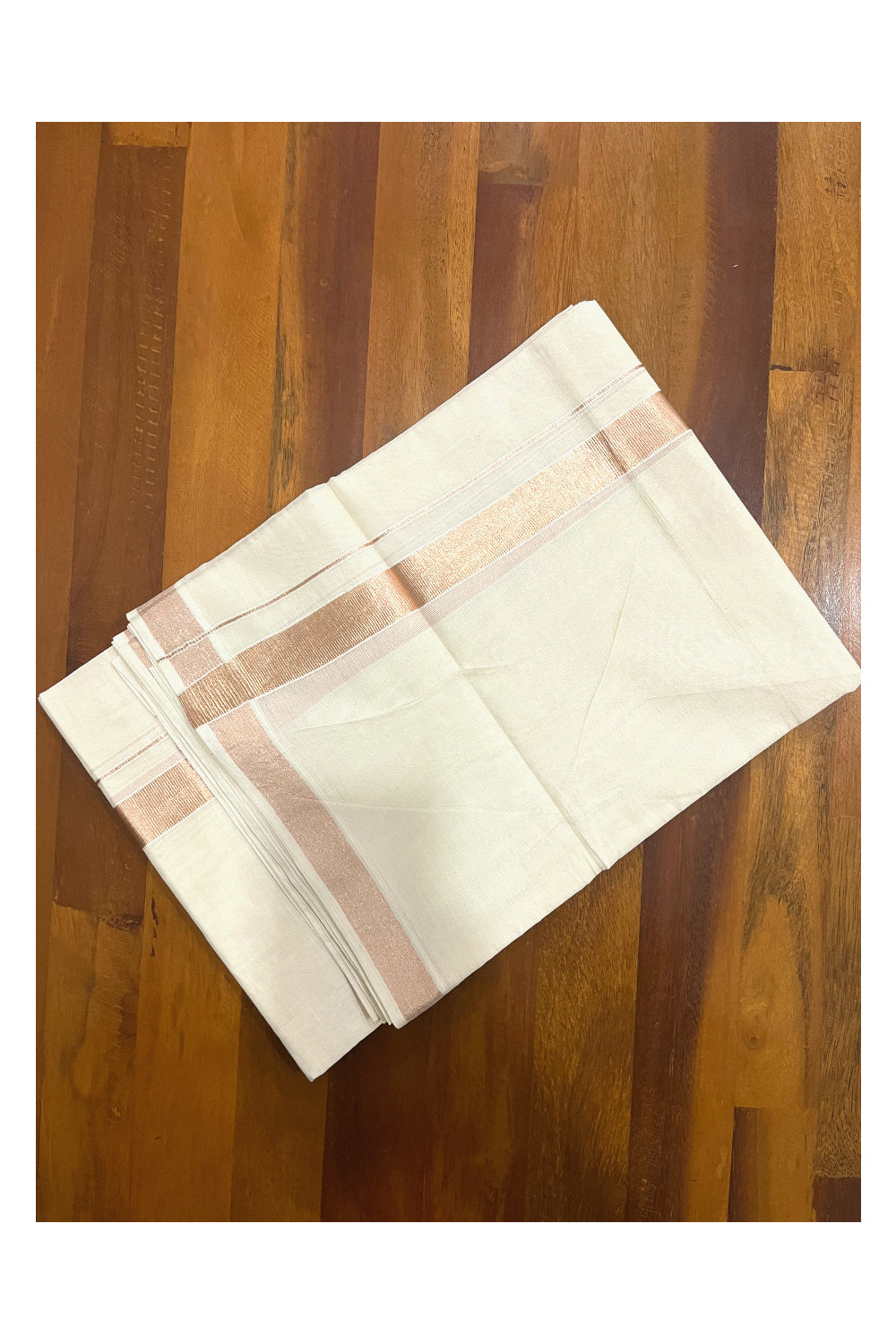 Off White Pure Cotton Double Mundu with 1 inch Rose Copper Kasavu Border (South Indian Kerala Dhoti)