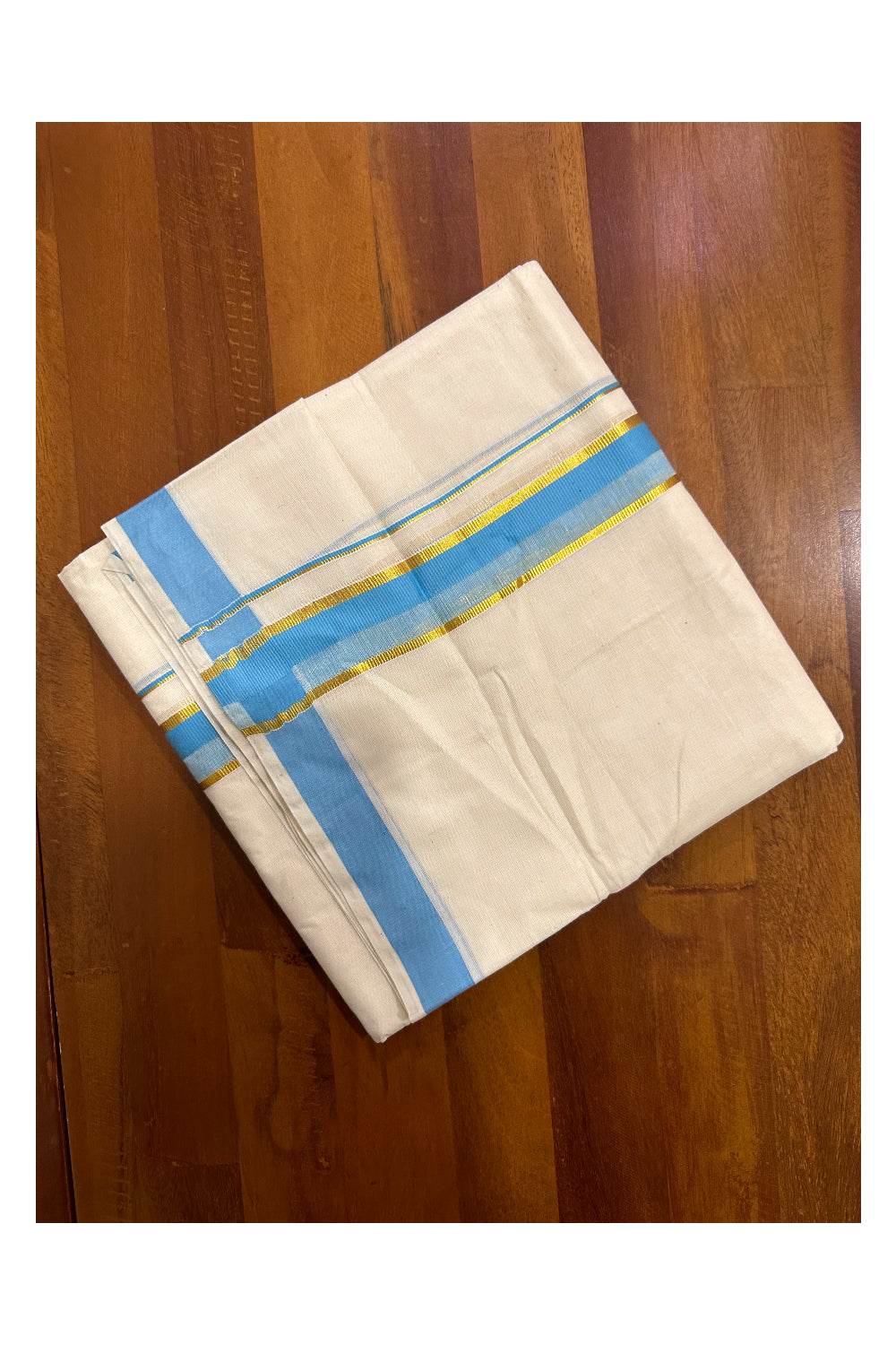 Kerala Cotton Double Mundu with Blue and Kasavu Border (Onam Mundu 2023)