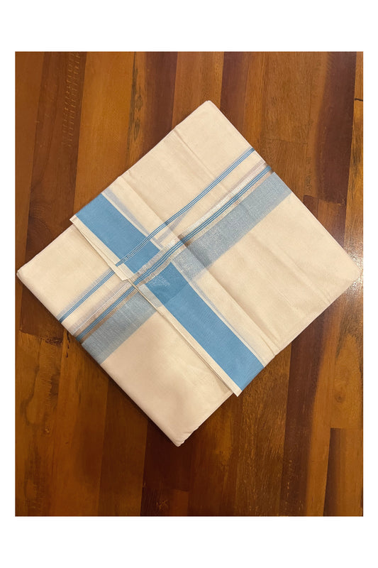 Kerala Cotton Double Mundu with Light Blue and Silver Kasavu Border (Onam Mundu 2023)