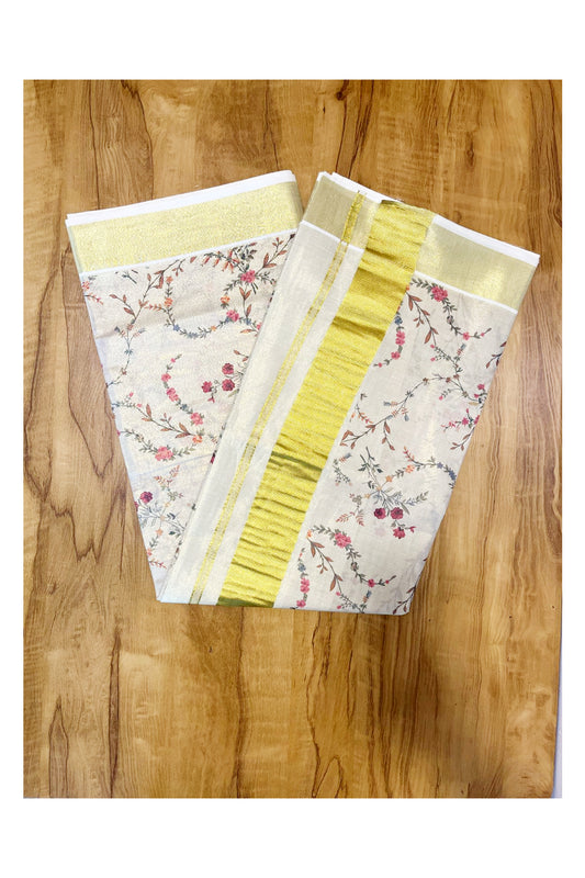 Kerala Tissue Kasavu Saree with Floral Designs On Body