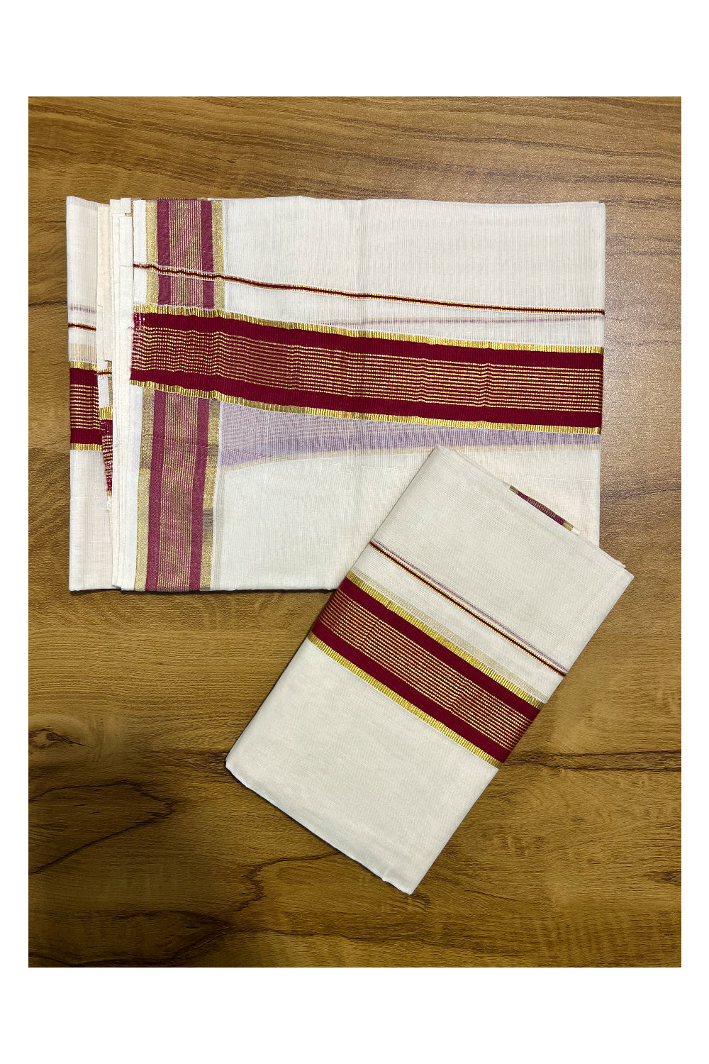 Pure Cotton Kerala Single Set Mundu (Mundum Neriyathum) with Maroon and Kasavu Border 2.80 Mtrs