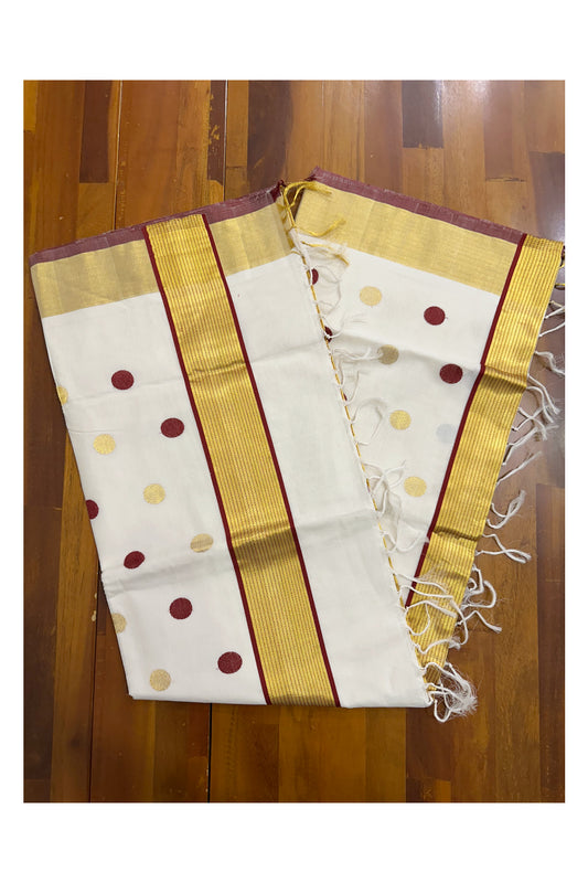 Southloom Premium Handloom Cotton Saree with Golden and Maroon Polka Works Across Body