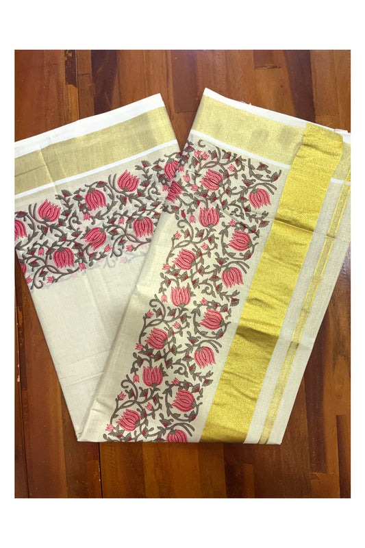 Southloom Jaipur Artisans & Kerala Weavers Collab Pink and Grey Floral Printed Tissue Kasavu Saree (2023 Onam Exclusive Kerala Saree)