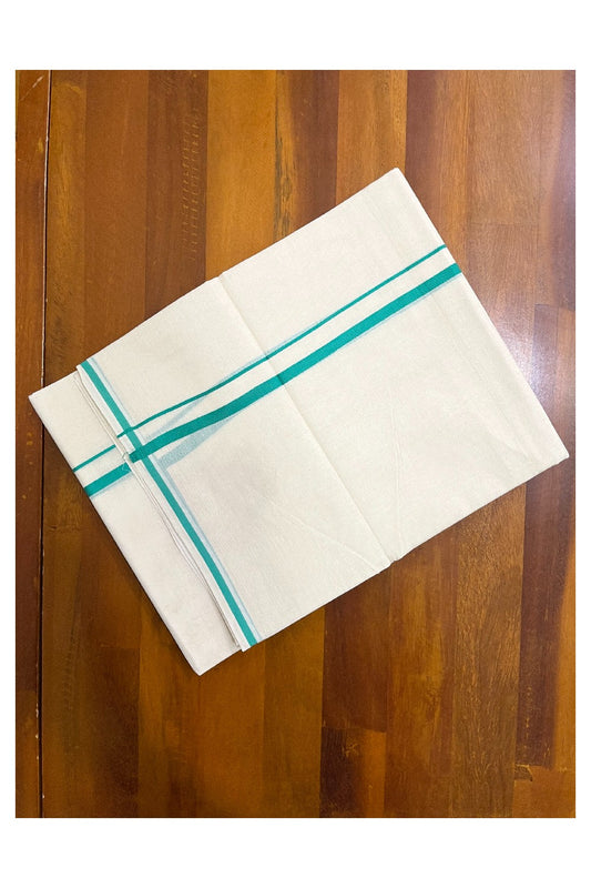 Pure Cotton Double Mundu with 0.5 inch Turquoise Border (South Indian Kerala Dhoti)