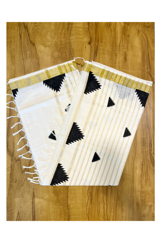 Kerala Cotton Kasavu Saree With Black Temple Woven Works on Border