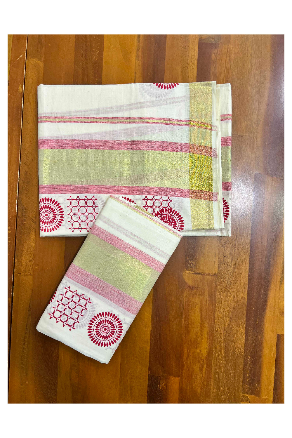 Kerala Cotton Single Set Mundu (Mundum Neriyathum) with Red Block Prints with Kasavu Border  - 2.80Mtrs