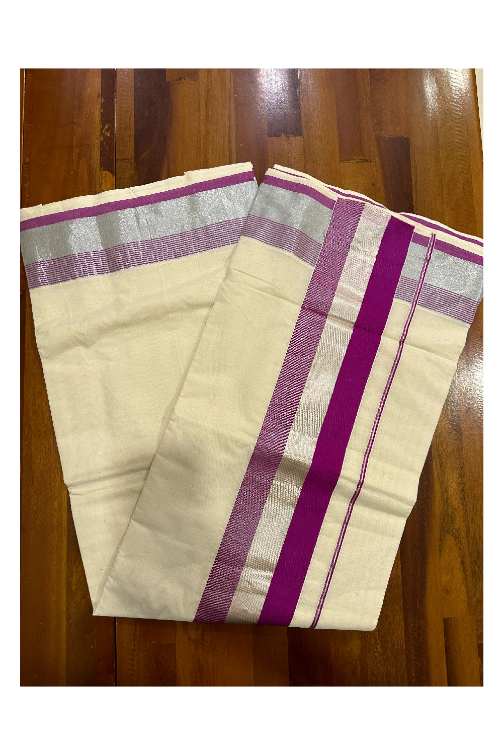 Kerala Pure Cotton Plain Saree with Silver Kasavu and Magenta Border