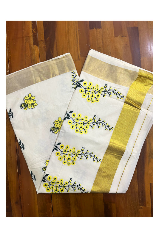 Pure Cotton Kerala Kasavu Saree with Kanikonna Floral Embroidery Designs