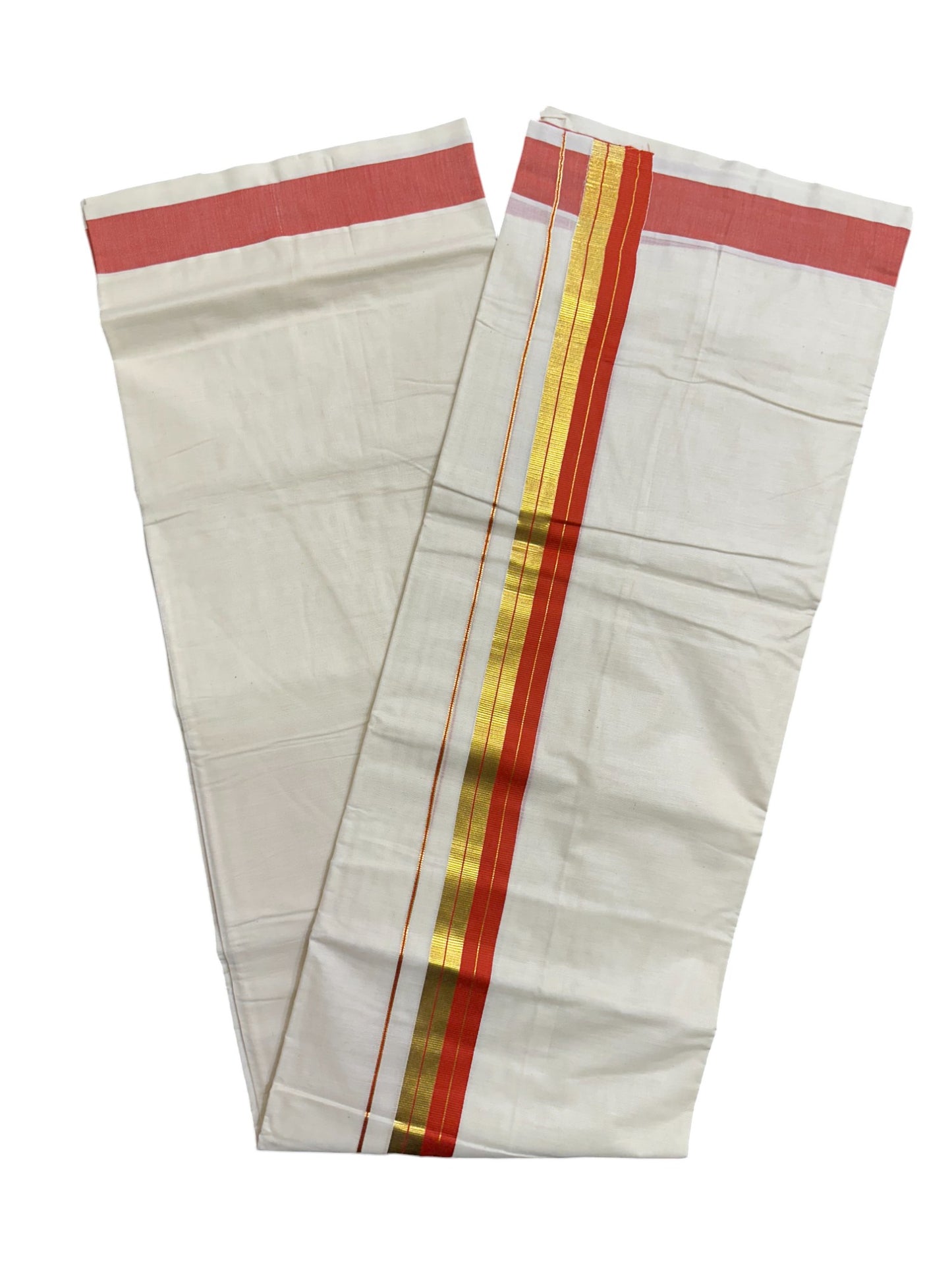 Kerala Pure Cotton Double Mundu with Orange and Kasavu Border (South Indian Dhoti)