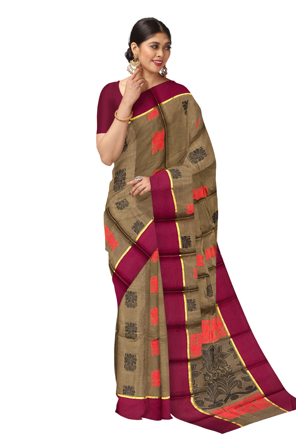 Southloom Cotton Brown Saree with Woven Butta Works on Body and Pallu