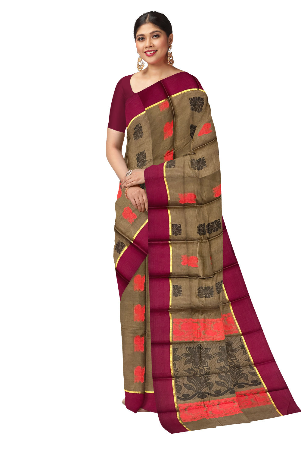 Southloom Cotton Brown Saree with Woven Butta Works on Body and Pallu