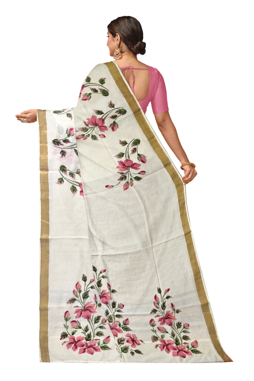 Kerala Cotton Kasavu Saree with Floral Painted Designs