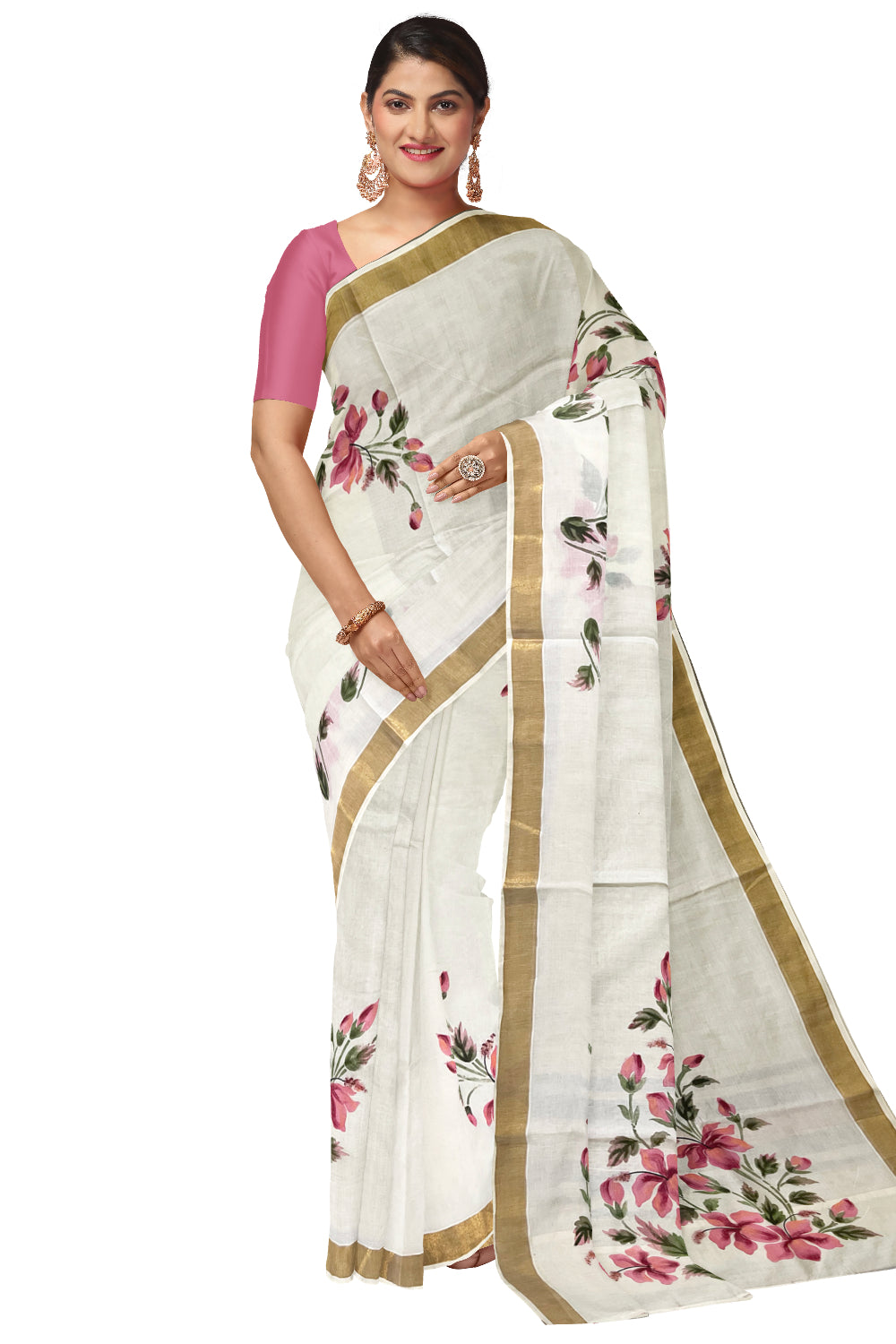 Kerala Cotton Kasavu Saree with Floral Painted Designs