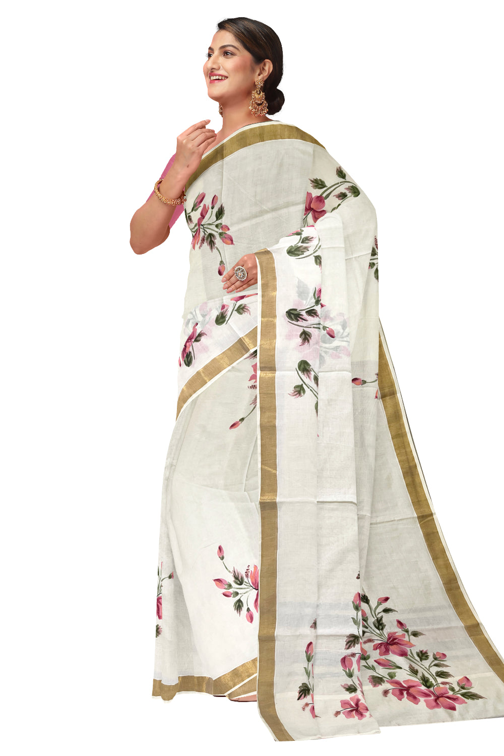 Kerala Cotton Kasavu Saree with Floral Painted Designs