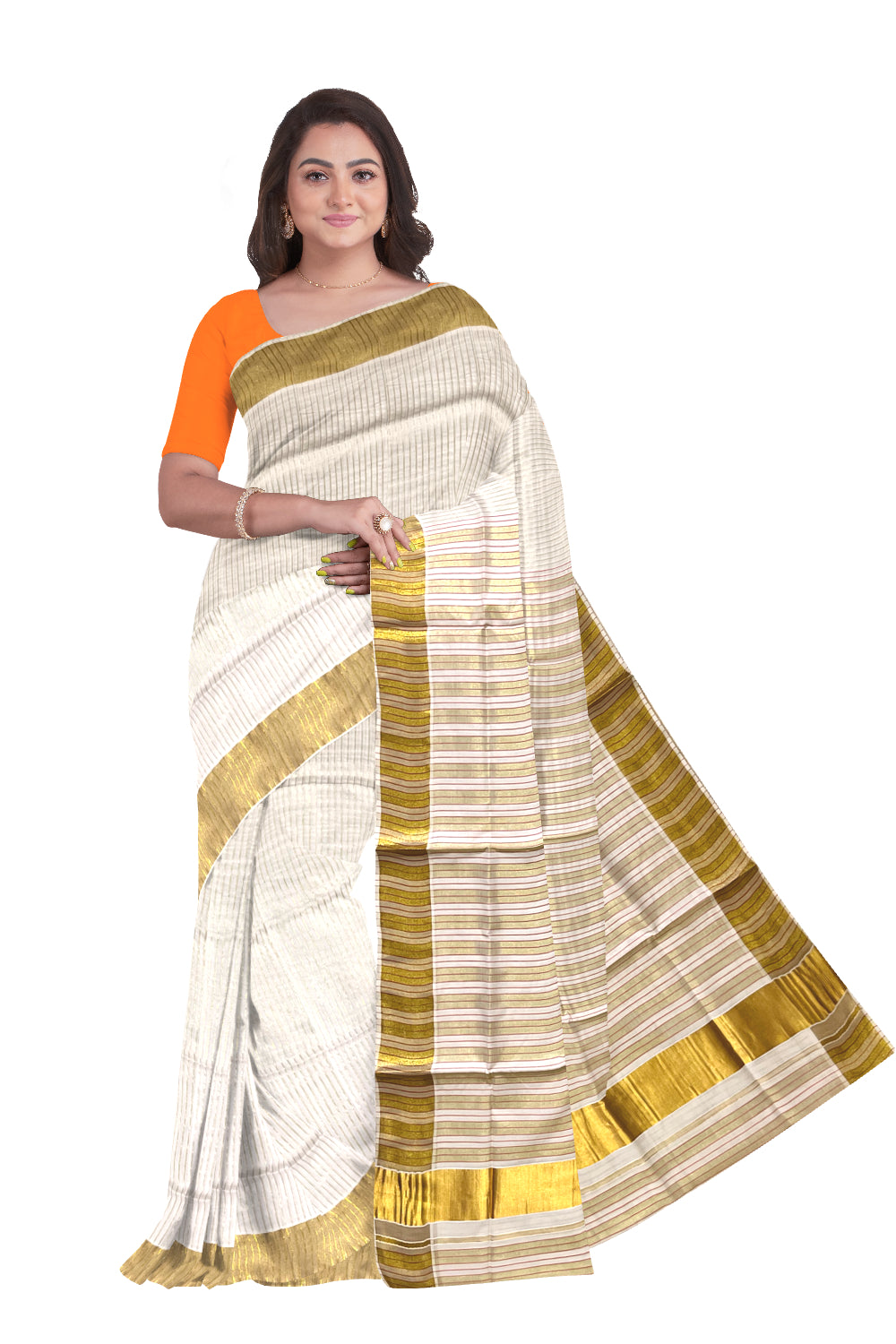 Pure Cotton Kerala Kasavu Saree with Lines Designs on Body and Pink Lines on Munthani