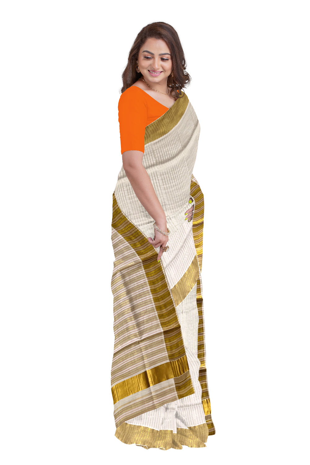 Pure Cotton Kerala Kasavu Saree with Lines Designs on Body and Pink Lines on Munthani