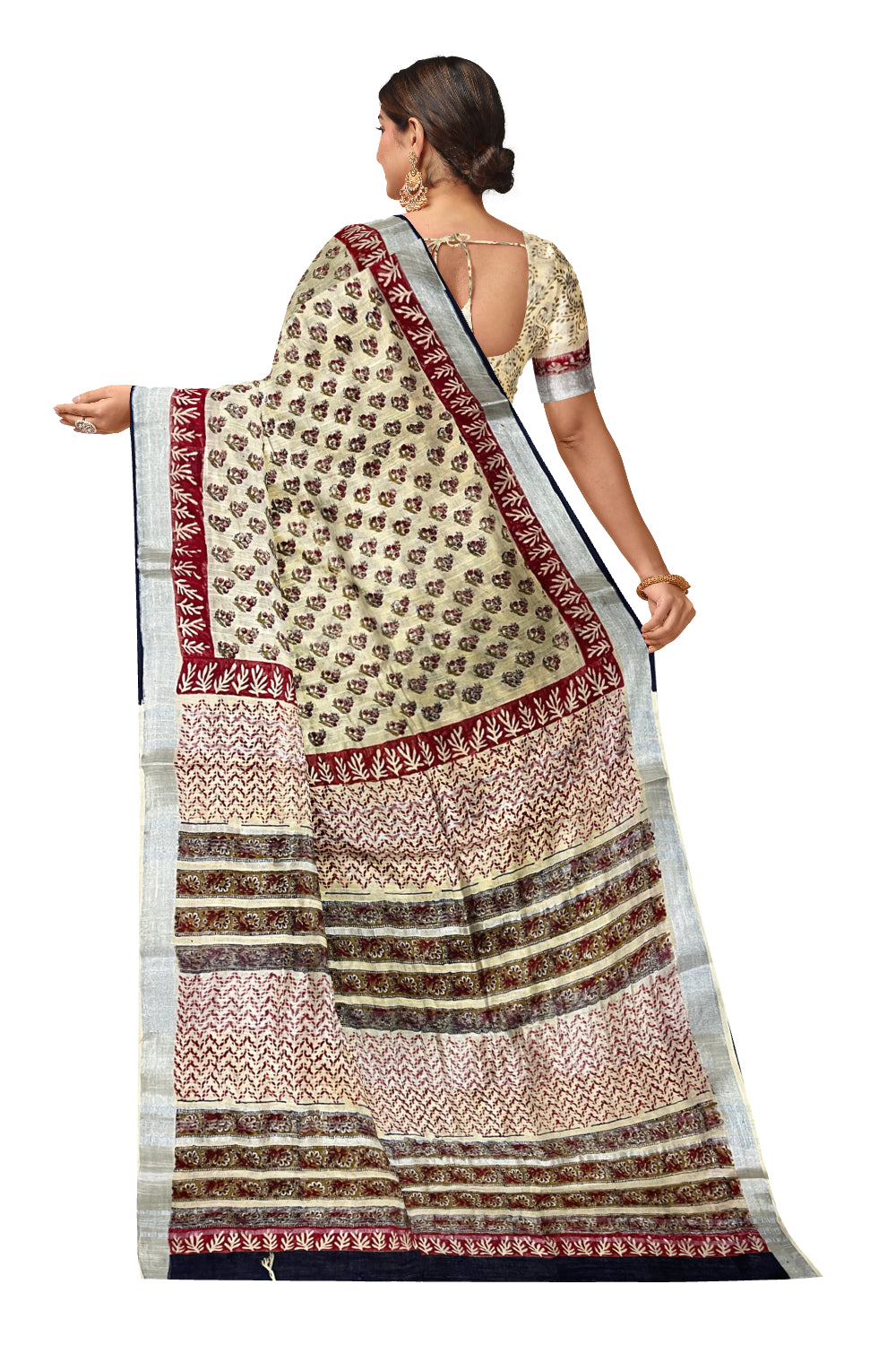 Southloom Linen Light Brown Designer Saree with Floral Prints