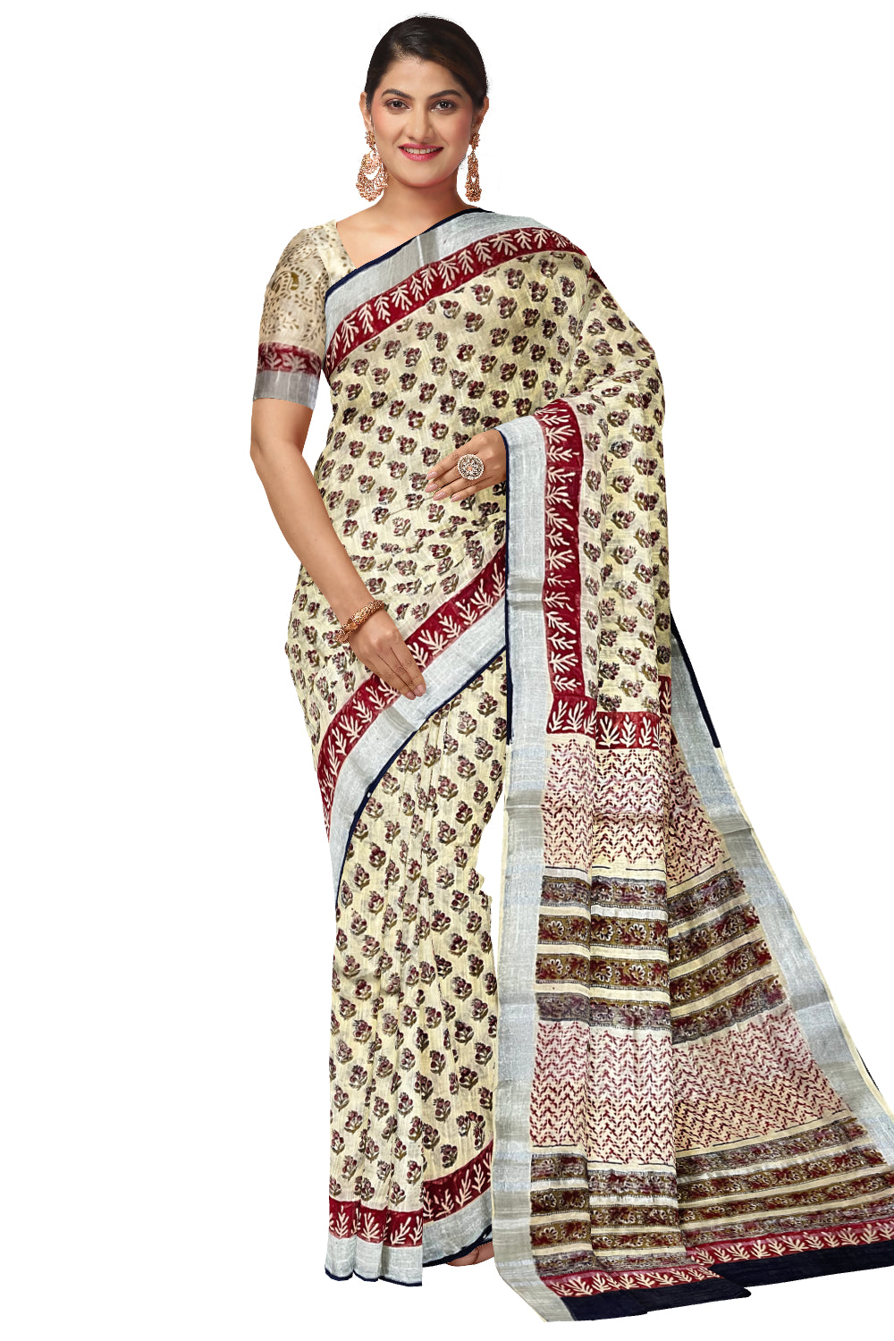 Southloom Linen Light Brown Designer Saree with Floral Prints