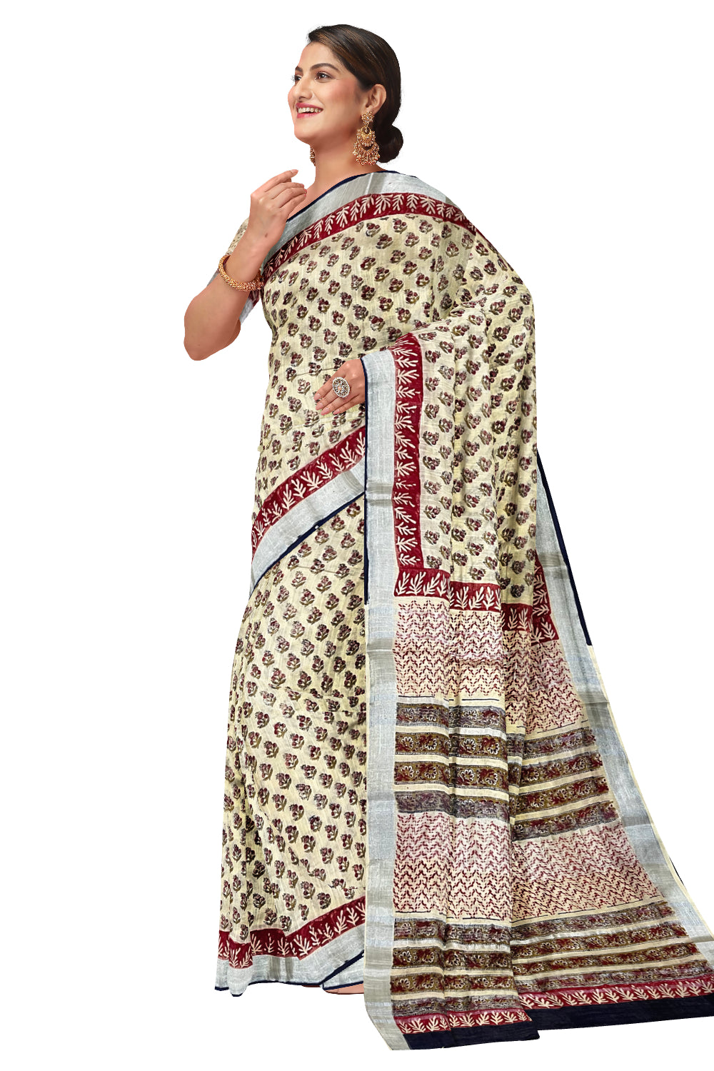 Southloom Linen Light Brown Designer Saree with Floral Prints