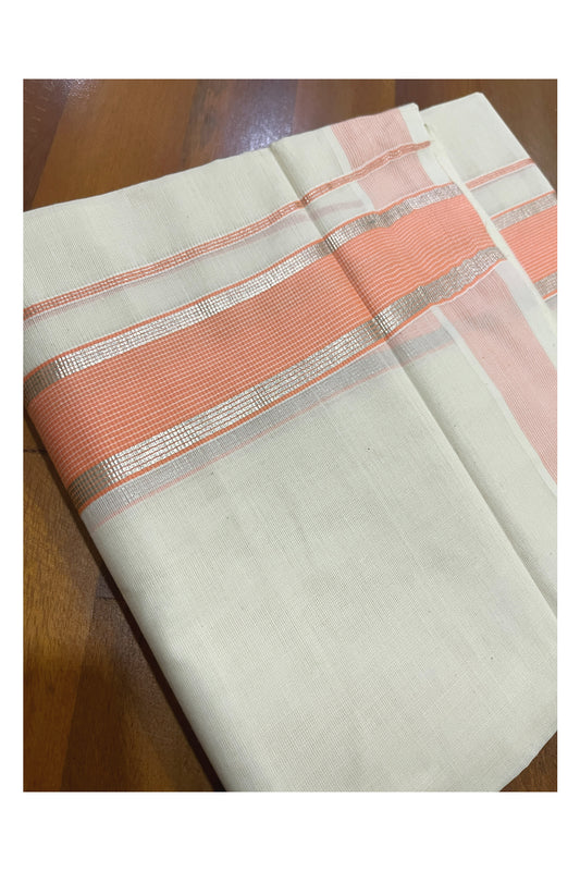 Pure Cotton Kerala Double Mundu with Silver Kasavu and Peach Kara (South Indian Kerala Dhoti)