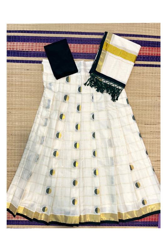 Southloom Cotton Semi Stitched Dhavani Set with Polka Dots Check Pavada and Green Blouse Piece