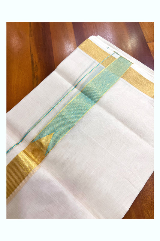 Southloom Super Premium Balaramapuram Unakkupaavu Handloom Kasavu Mundu with Turquoise Chutti Design (South Indian Kerala Dhoti)