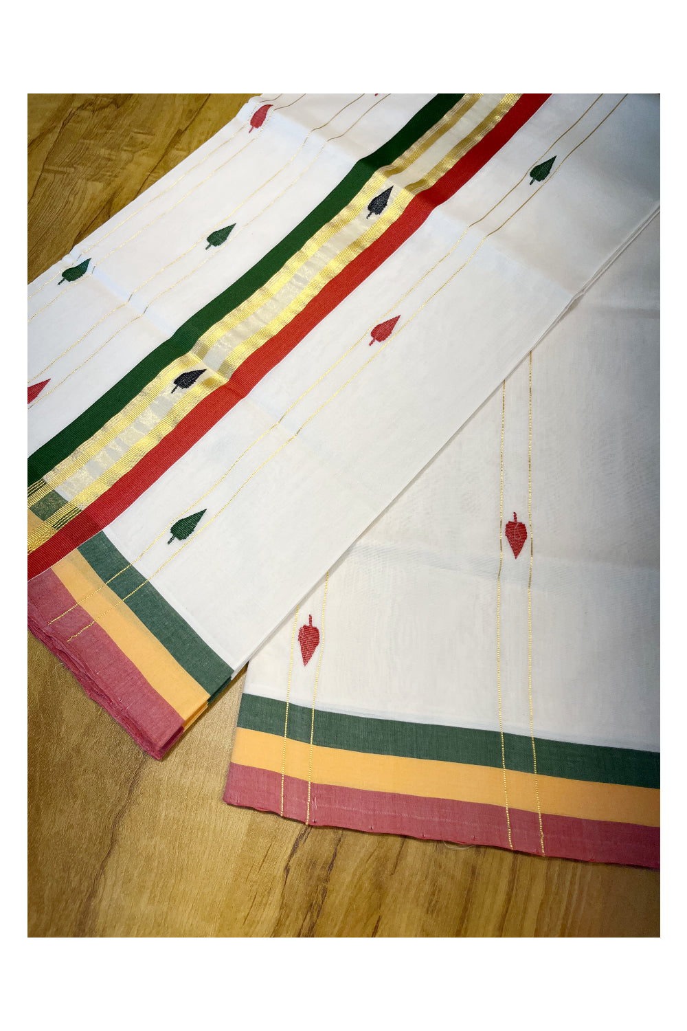 Southloom Premium Balaramapuram Unakkupaavu Handloom Cotton Butta Saree with Kasavu Lines and Red Green Border