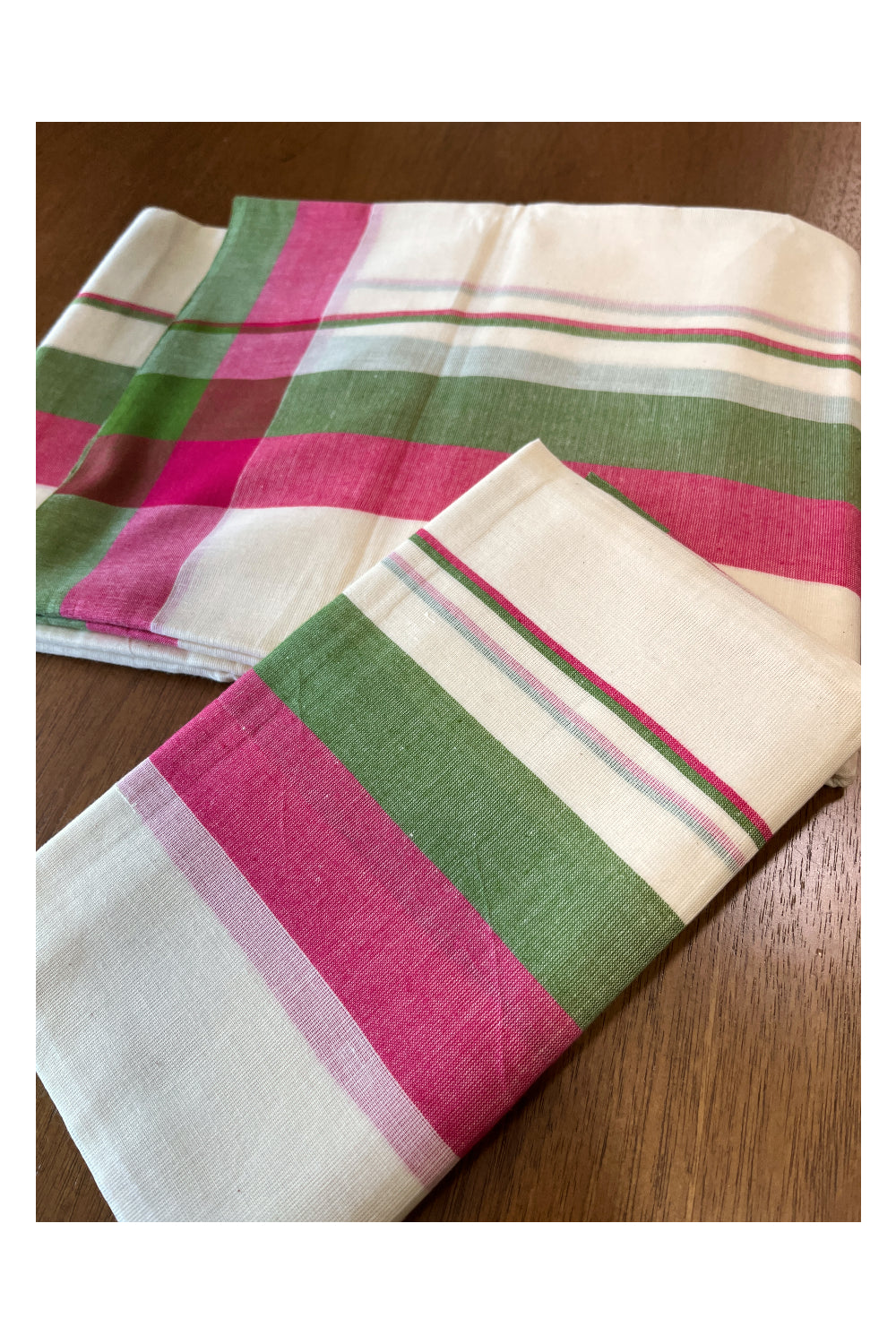 Cotton Mulloth Mundum Neriyathum Double (Set Mundu) with Red and Green Border