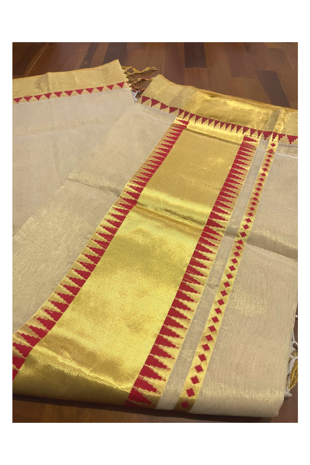 Southloom Super Premium Balaramapuram Handloom Tissue Saree with Red Temple Border