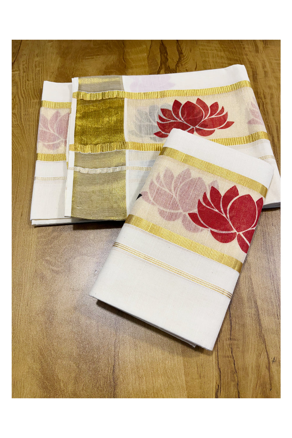 Kerala Tissue Single Set Mundu (Mundum Neriyathum) with Red And Black Lotus Block Prints On Kasavu Border