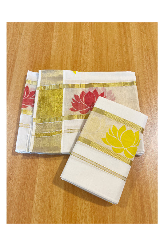 Kerala Cotton Single Set Mundu (Mundum Neriyathum) with Red And Yellow Lotus Block Prints On Kasavu Border 2.80 Mtrs