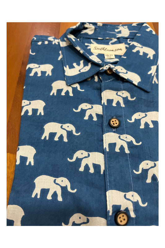 Southloom Jaipur Cotton Elephant Hand Block Printed Blue Shirt For Kids (Half Sleeves)