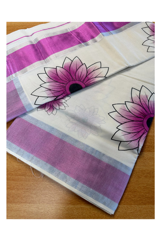 Kerala Cotton Saree with Floral Block Prints in Pink and Silver Border