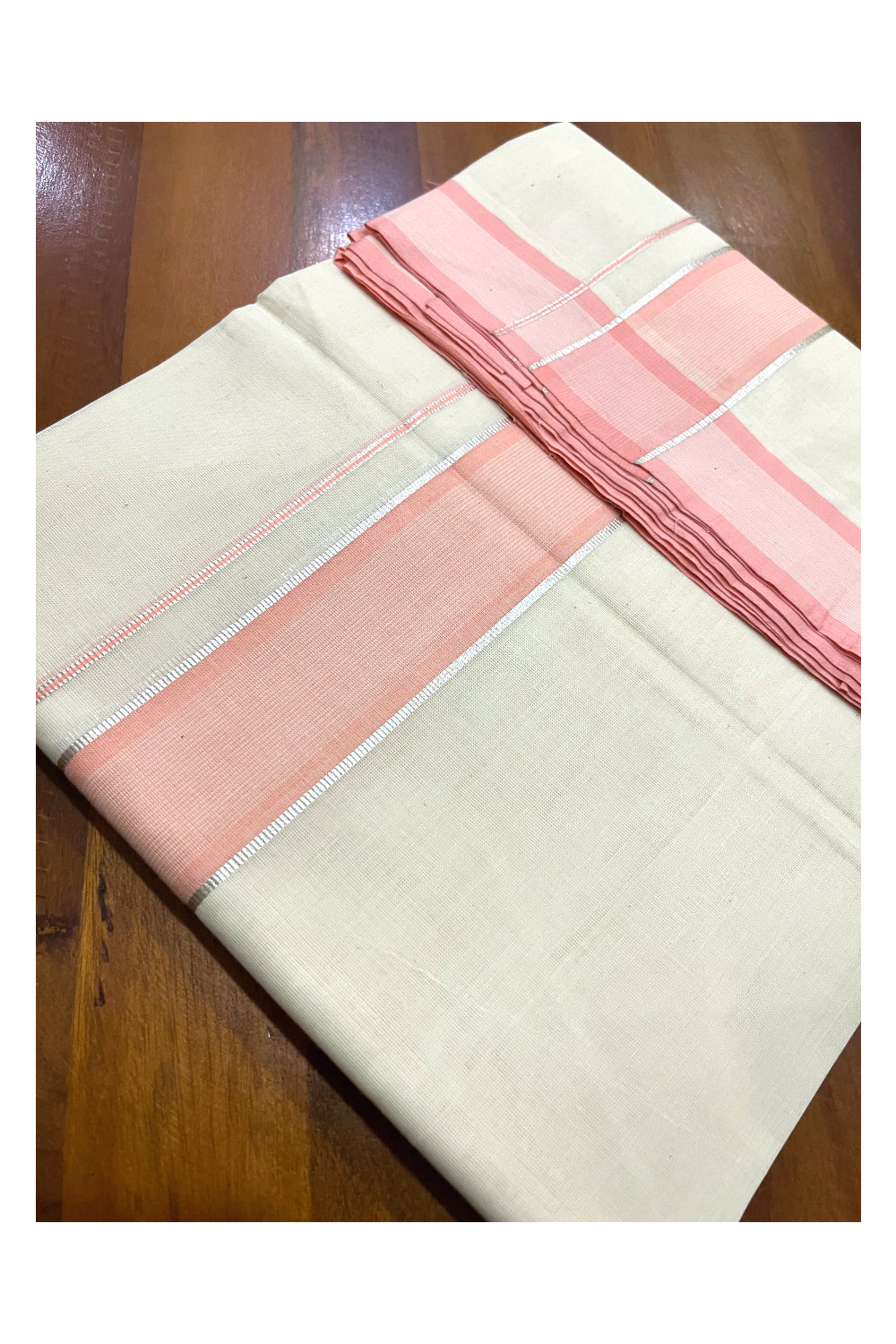 Pure Cotton Off White 100x100 Double Mundu with Silver Kasavu and Peach Border (South Indian Kerala Dhoti)