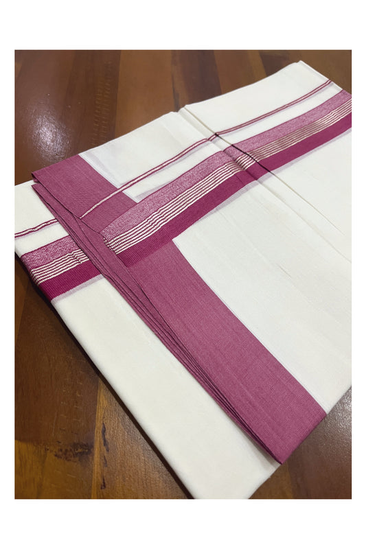 Pure White Cotton Double Mundu with Red and Silver Kasavu Border (South Indian Kerala Dhoti)