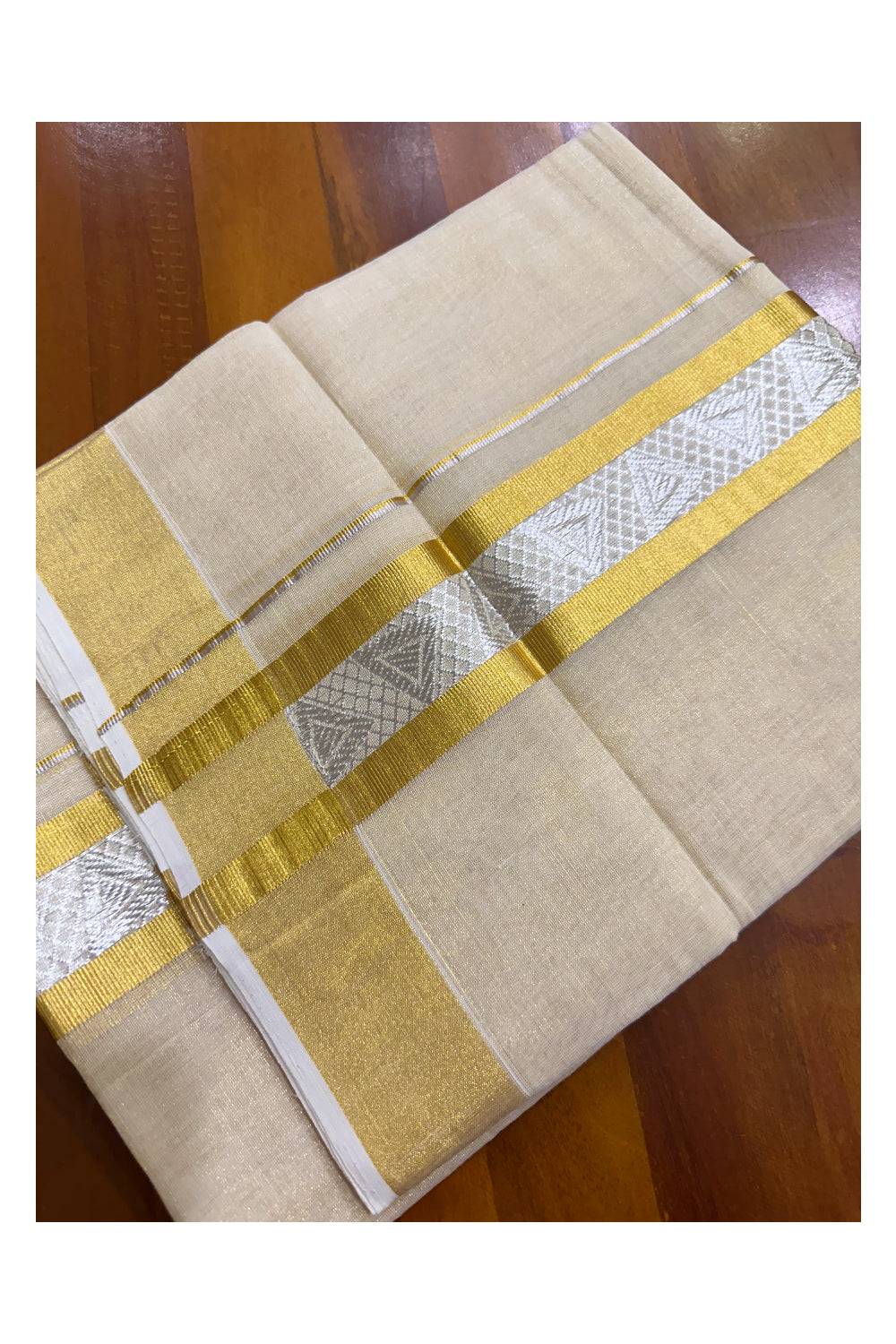 Southloom Premium Handloom Tissue Mundu with 2 inch Kasavu Border with Silver Woven Work