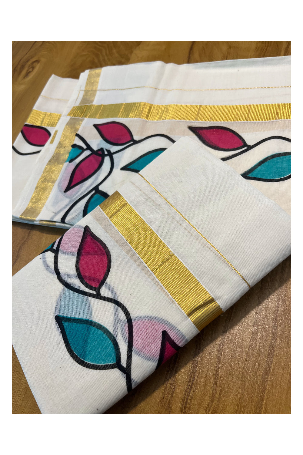 Pure Cotton Set Mundu (Mundum Neriyathum) with Pink and Green Leaf Prints on Kasavu Border(2.80M)