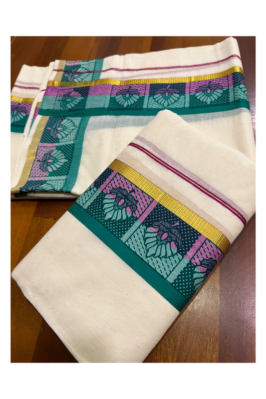 Kerala Cotton Kasavu Single Set Mundu (Mundum Neriyathum) with Pink and Green Kara and Block prints