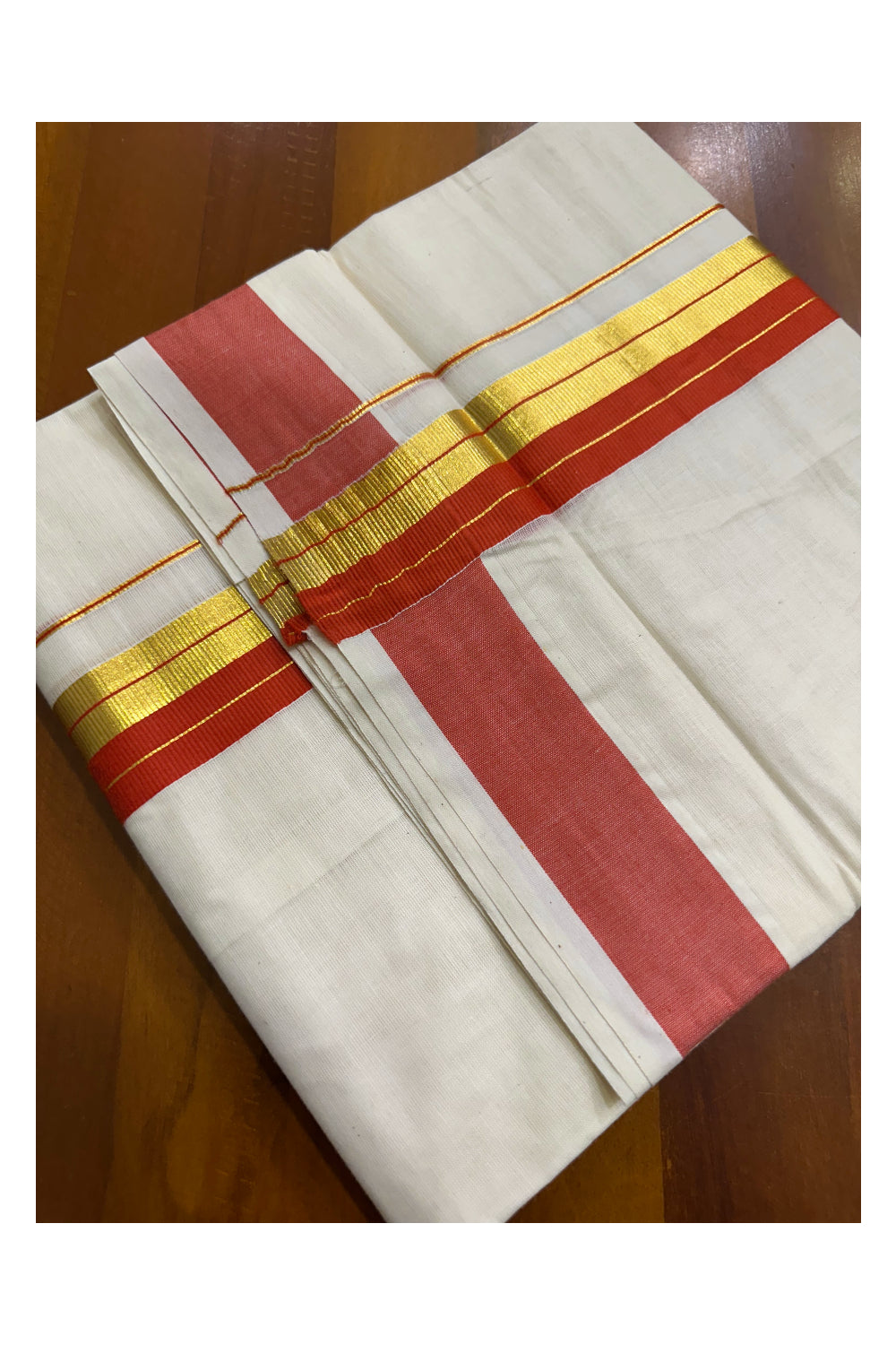 Kerala Pure Cotton Double Mundu with Orange and Kasavu Border (South Indian Dhoti)