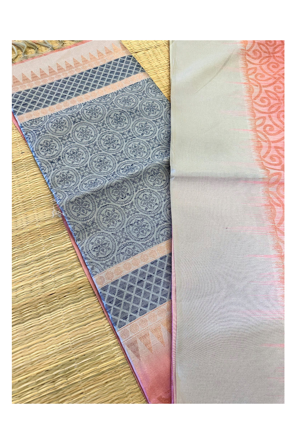 Southloom Semi Tussar Peach Woven Saree with Grey Border