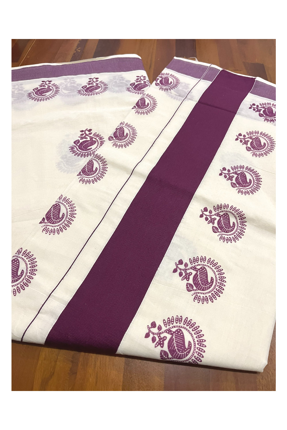 Pure Cotton Kerala Saree with Purple Floral Block Printed Border (Onam Saree 2023)