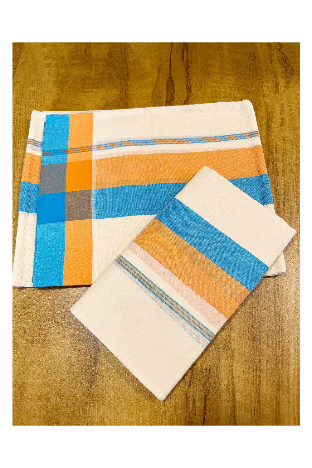 Southloom Mulloth Soft Cotton Blue Orange Border Set Mundu