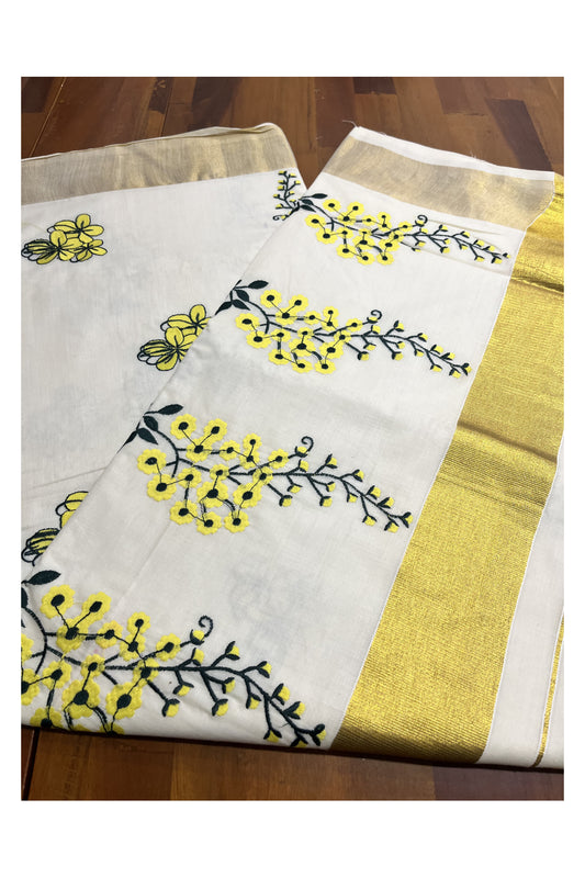 Pure Cotton Kerala Kasavu Saree with Kanikonna Floral Embroidery Designs