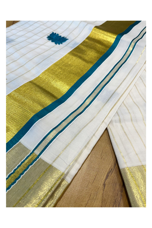 Kerala Cotton Kasavu Lines Saree with Peacock Green And Golden Lotus Embroidery Works