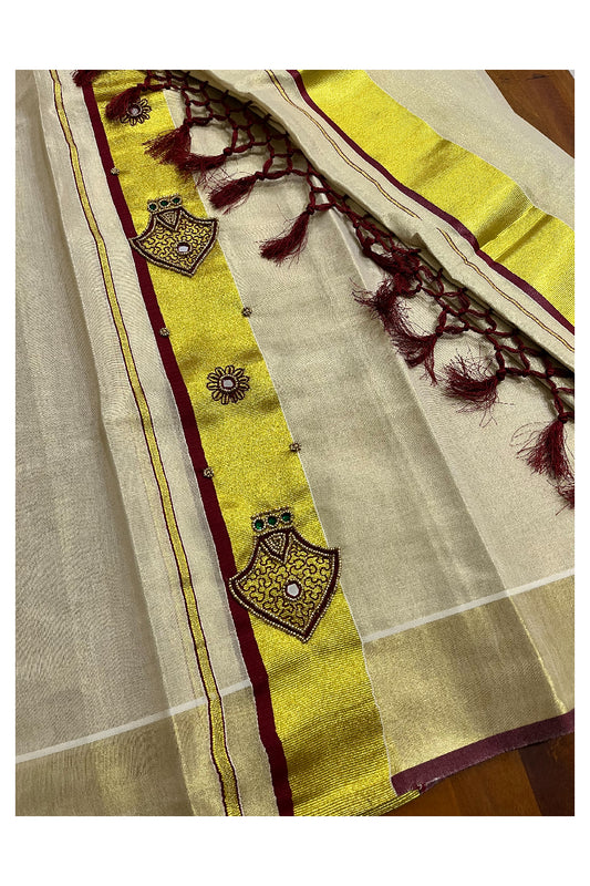 Kerala Tissue Kasavu Set Mundu (Mundum Neriyathum) with Bead Handwork Design - 2.80Mtrs (Vishu 2024 Collection)