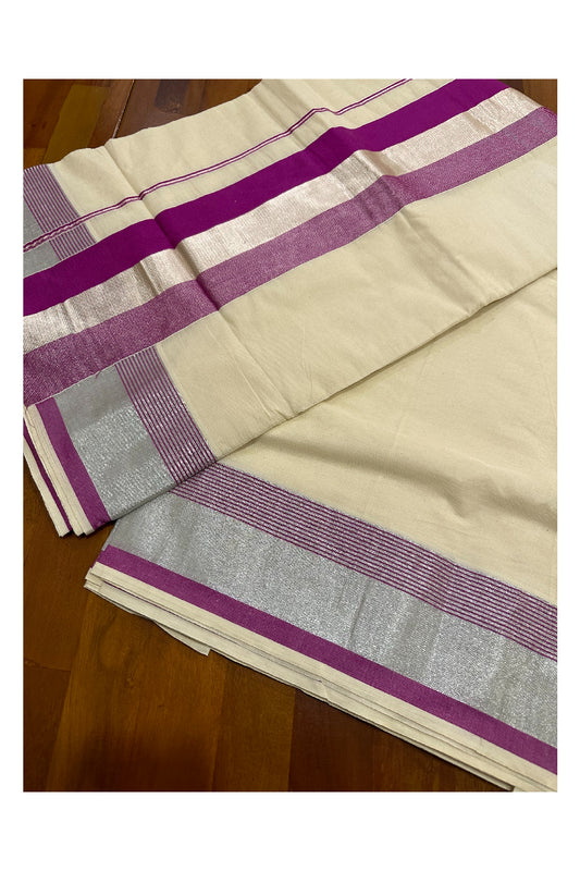 Kerala Pure Cotton Plain Saree with Silver Kasavu and Magenta Border