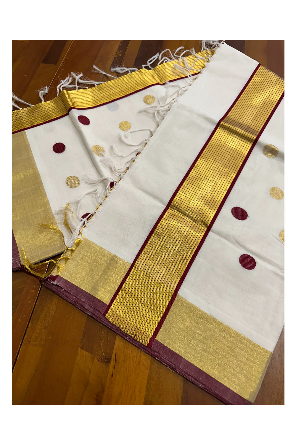 Southloom Premium Handloom Cotton Saree with Golden and Maroon Polka Works Across Body