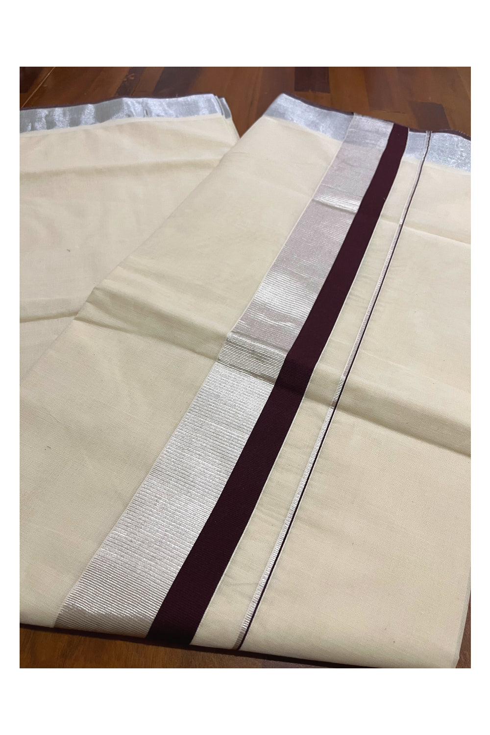 Pure Cotton Kerala Saree with Silver Kasavu and Brown Border (Onam 2023 Saree)