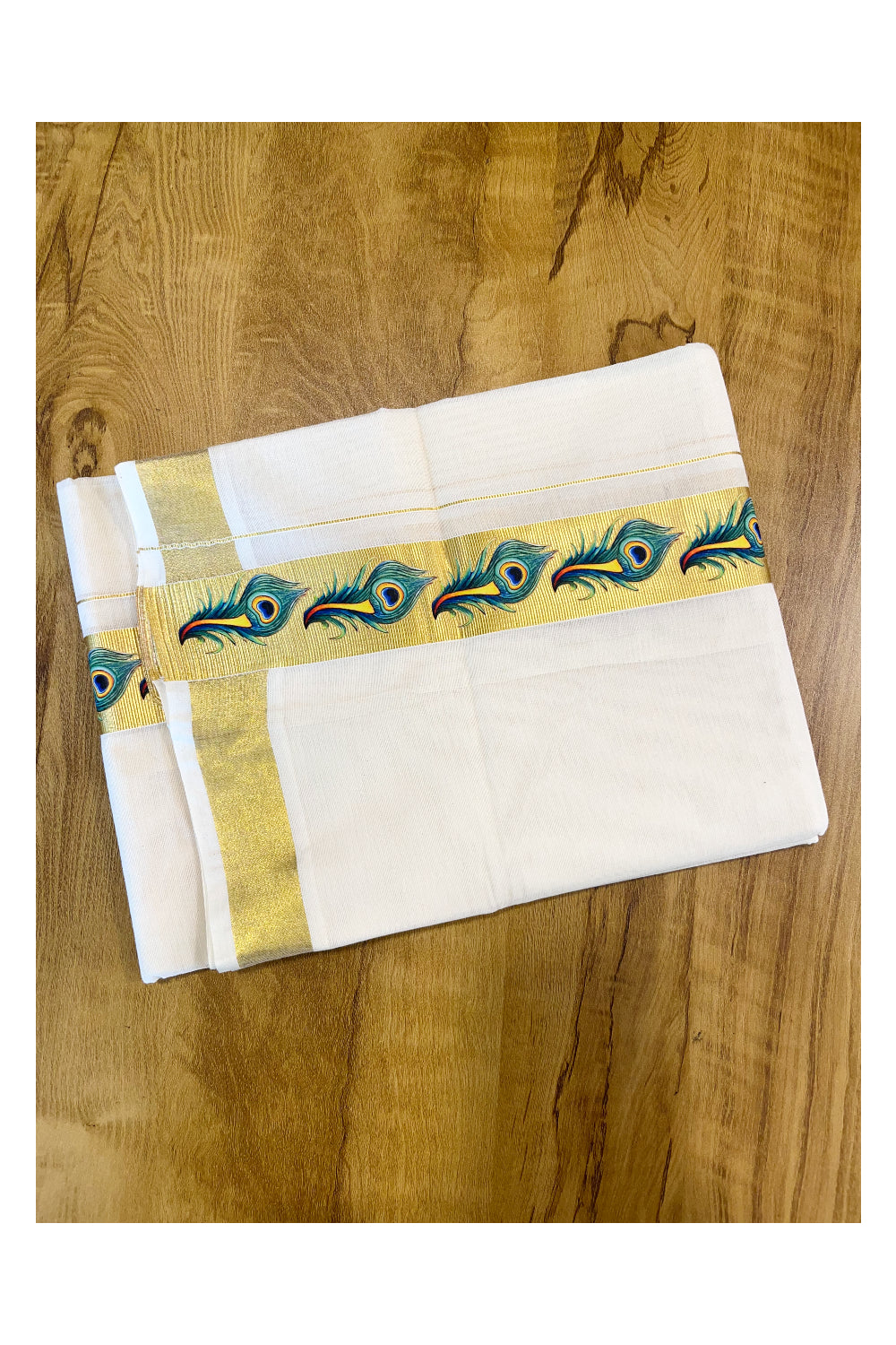 Kerala Pure Cotton Double Mundu with Feather Hand Painted Designs on Kasavu Border(South Indian Kerala Dhoti)