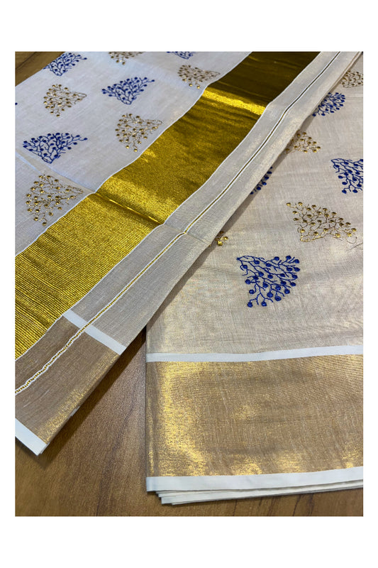 Southloom Kerala Tissue Kasavu Saree with Blue and Gold Floral Embroidery Design on Body